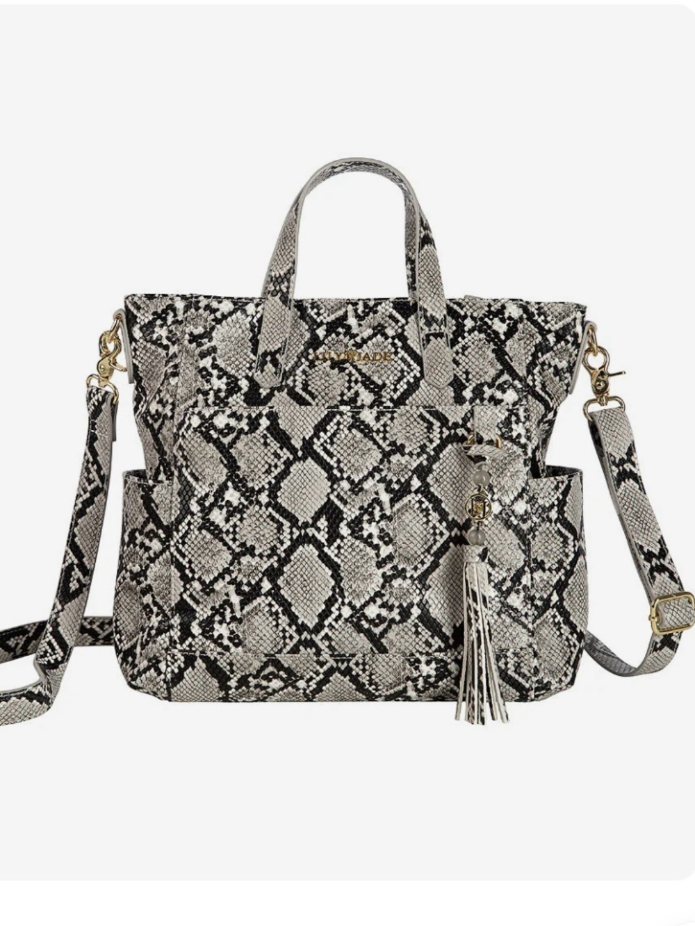 Snake Print Convertible Tote Bag in Black & Cream no shoulder strap